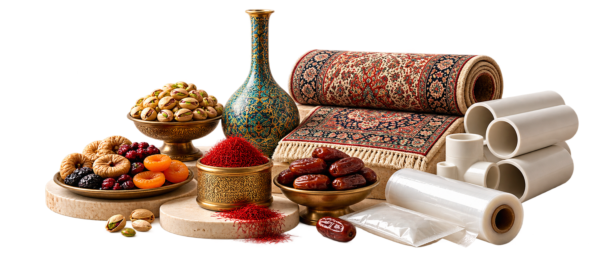 محصولات صادراتی ایران شامل فرش، صنایع دستی، خشکبار، زعفران و محصولات صنعتی